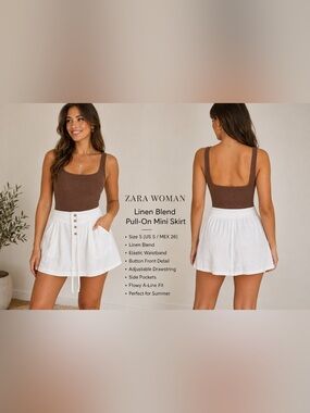 Zara Woman White Linen Blend Pull-On Mini Skirt | Size S {em}